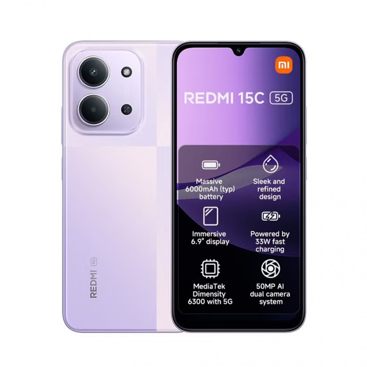 ريدمي 15C 5G ثنائي الشريحة وذاكرة وصول عشوائي سعة 8 جيجابايت وذاكرة تخزين سعة 256 جيجابايت باللون الغسق الأرجواني